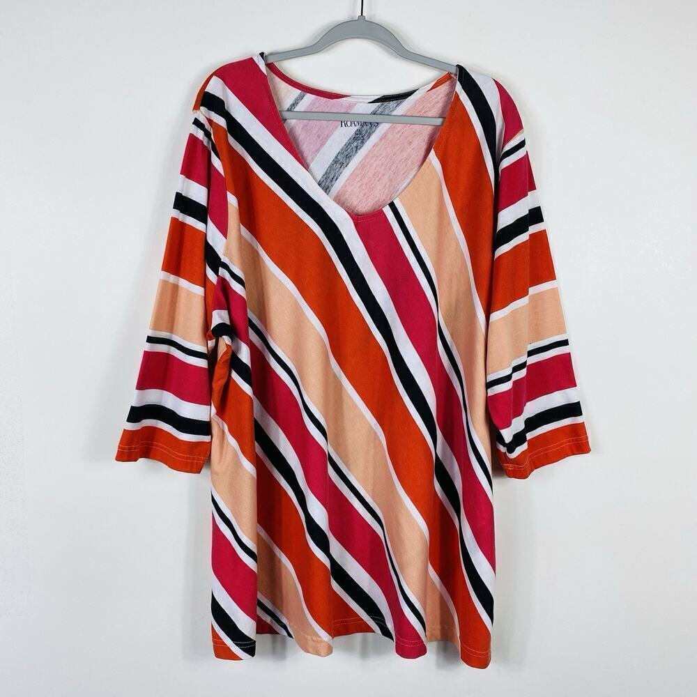 Roaman's Plus Size 30 32 Diagonal Stripe 3/4 Sleeve V-Neck Tee Top Cotton Blend